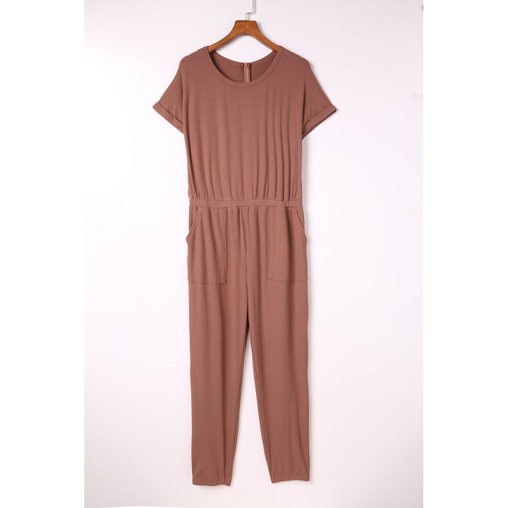 Women's Red Ribbed Short Sleeve Jumpsuit Image 1