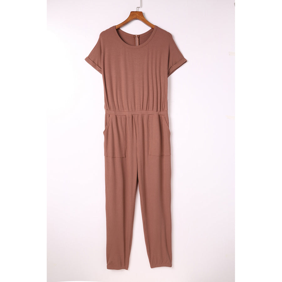 Women's Red Ribbed Short Sleeve Jumpsuit Image 1