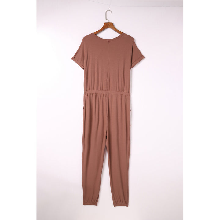 Women's Red Ribbed Short Sleeve Jumpsuit Image 2