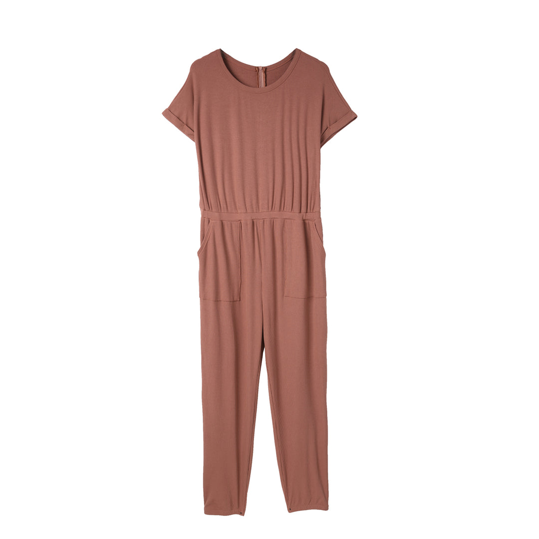 Womens Red Ribbed Short Sleeve Jumpsuit Image 9