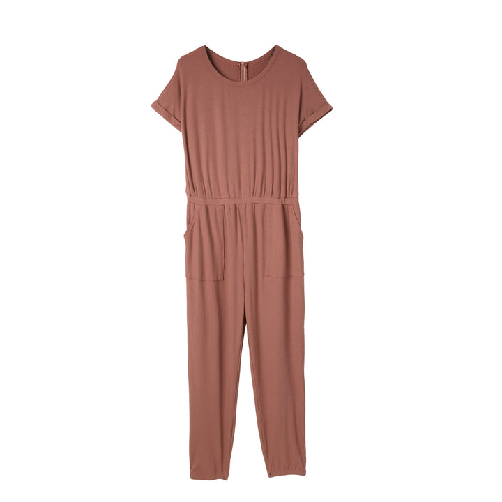 Womens Red Ribbed Short Sleeve Jumpsuit Image 9