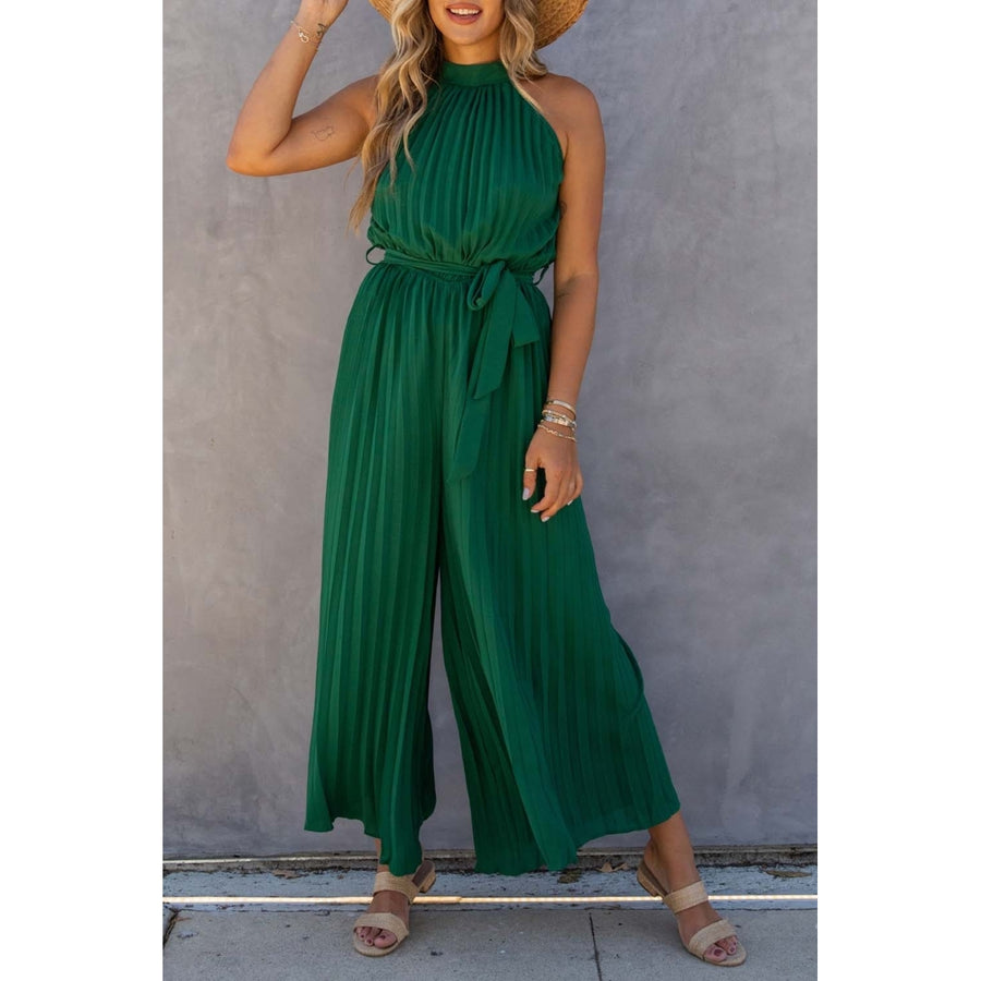 Womens Green Halter Neck Pleated Wide Leg Jumpsuit with Belt Image 1