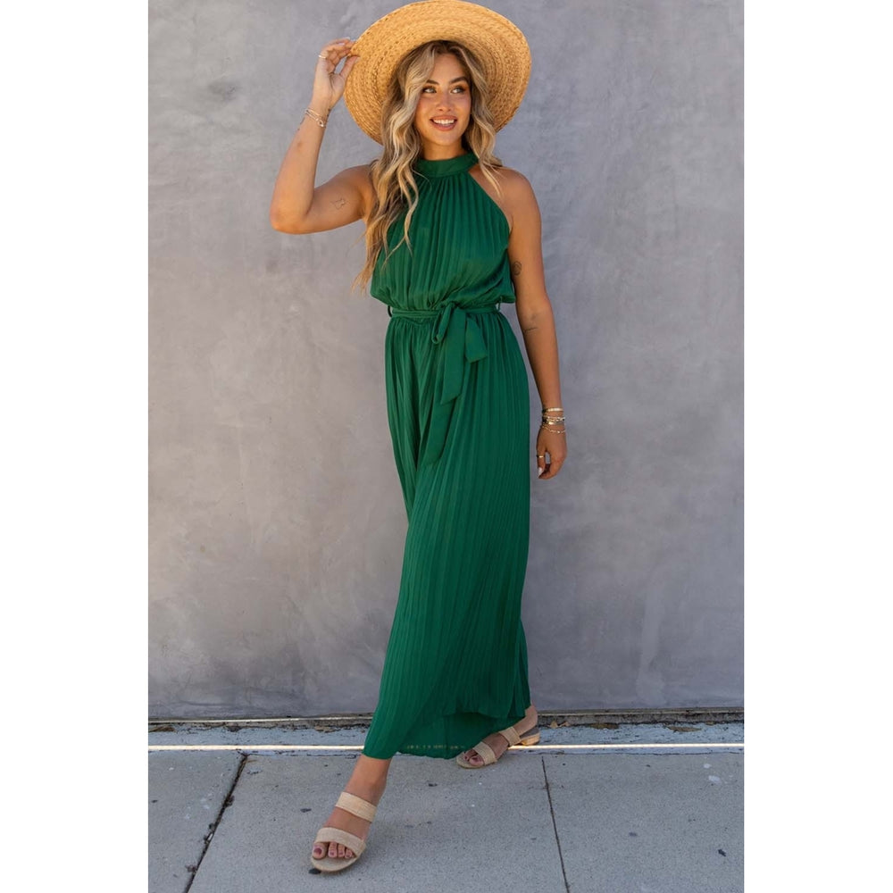Womens Green Halter Neck Pleated Wide Leg Jumpsuit with Belt Image 2