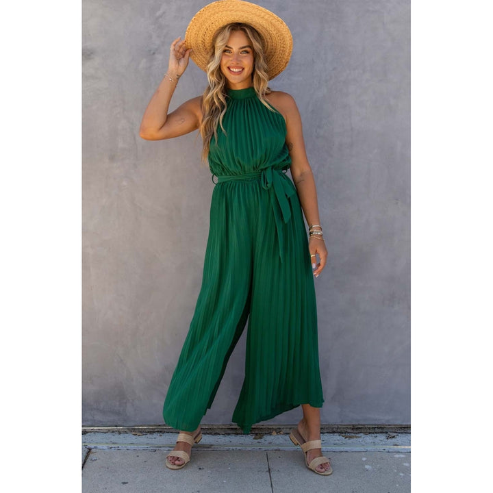 Womens Green Halter Neck Pleated Wide Leg Jumpsuit with Belt Image 3