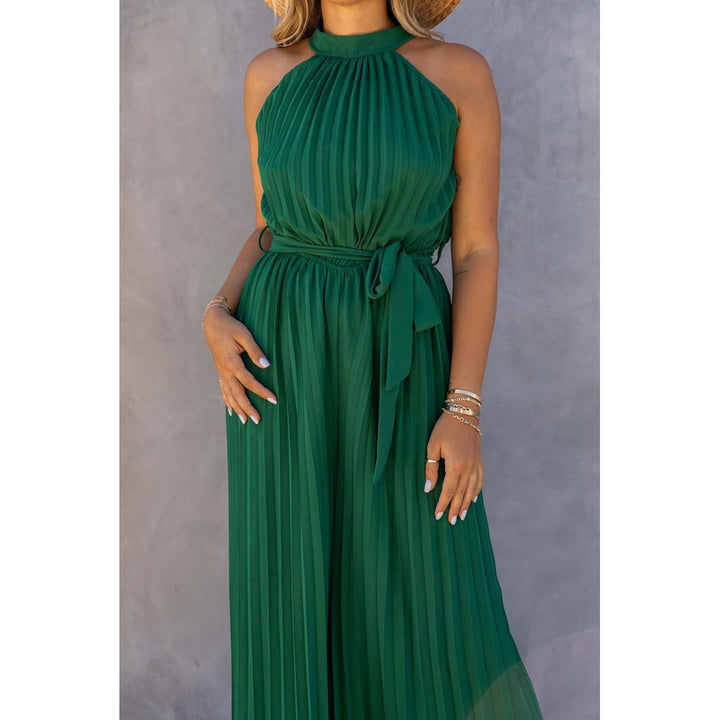 Womens Green Halter Neck Pleated Wide Leg Jumpsuit with Belt Image 4