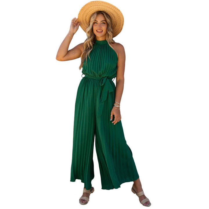 Womens Green Halter Neck Pleated Wide Leg Jumpsuit with Belt Image 6