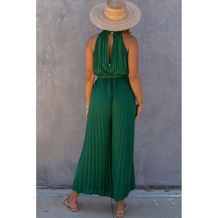 Womens Green Halter Neck Pleated Wide Leg Jumpsuit with Belt Image 7