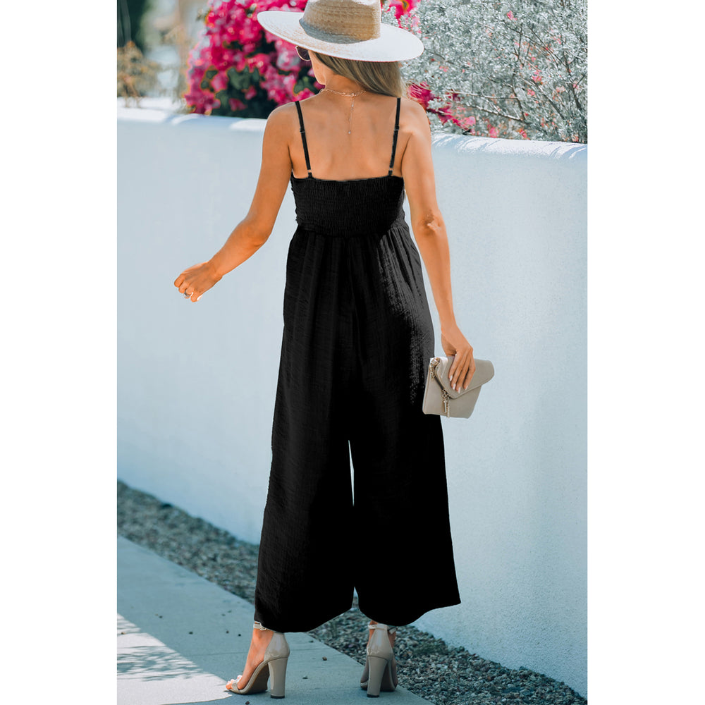 Womens Black Front Knot Smocked Back Spaghetti Straps Jumpsuit Image 2