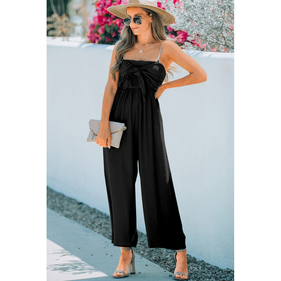 Womens Black Front Knot Smocked Back Spaghetti Straps Jumpsuit Image 1