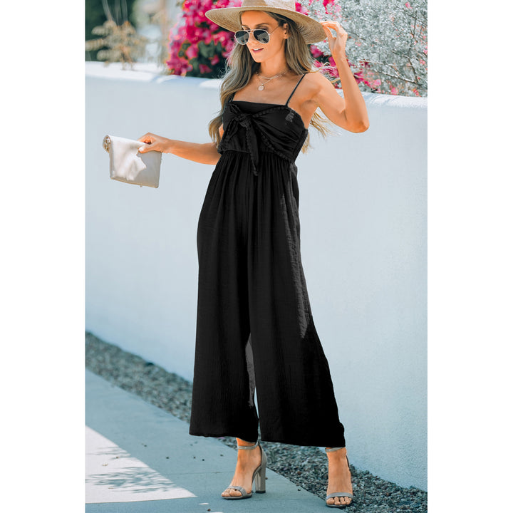 Womens Black Front Knot Smocked Back Spaghetti Straps Jumpsuit Image 3