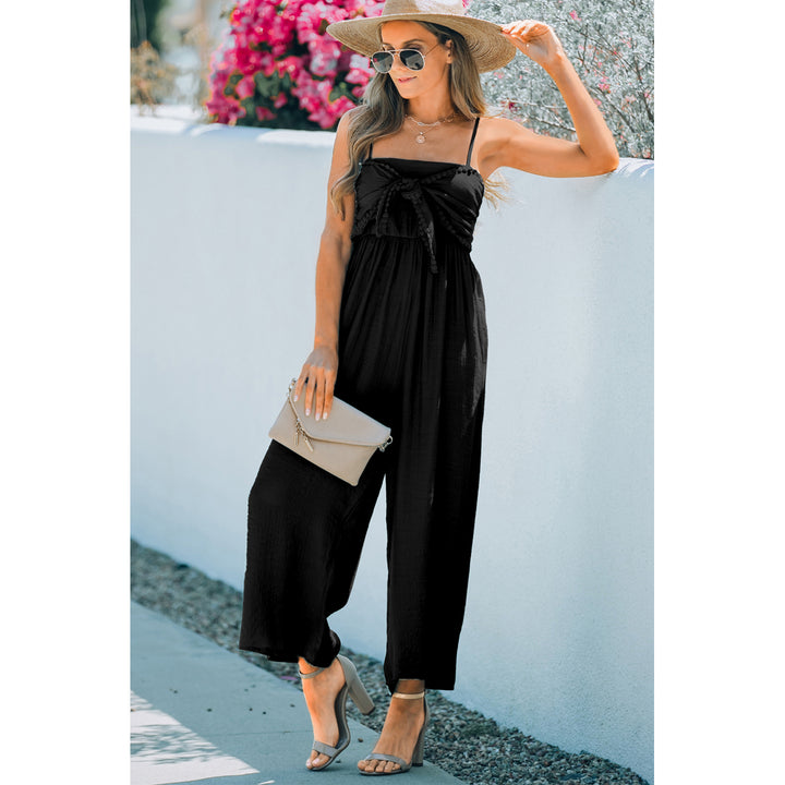 Womens Black Front Knot Smocked Back Spaghetti Straps Jumpsuit Image 4