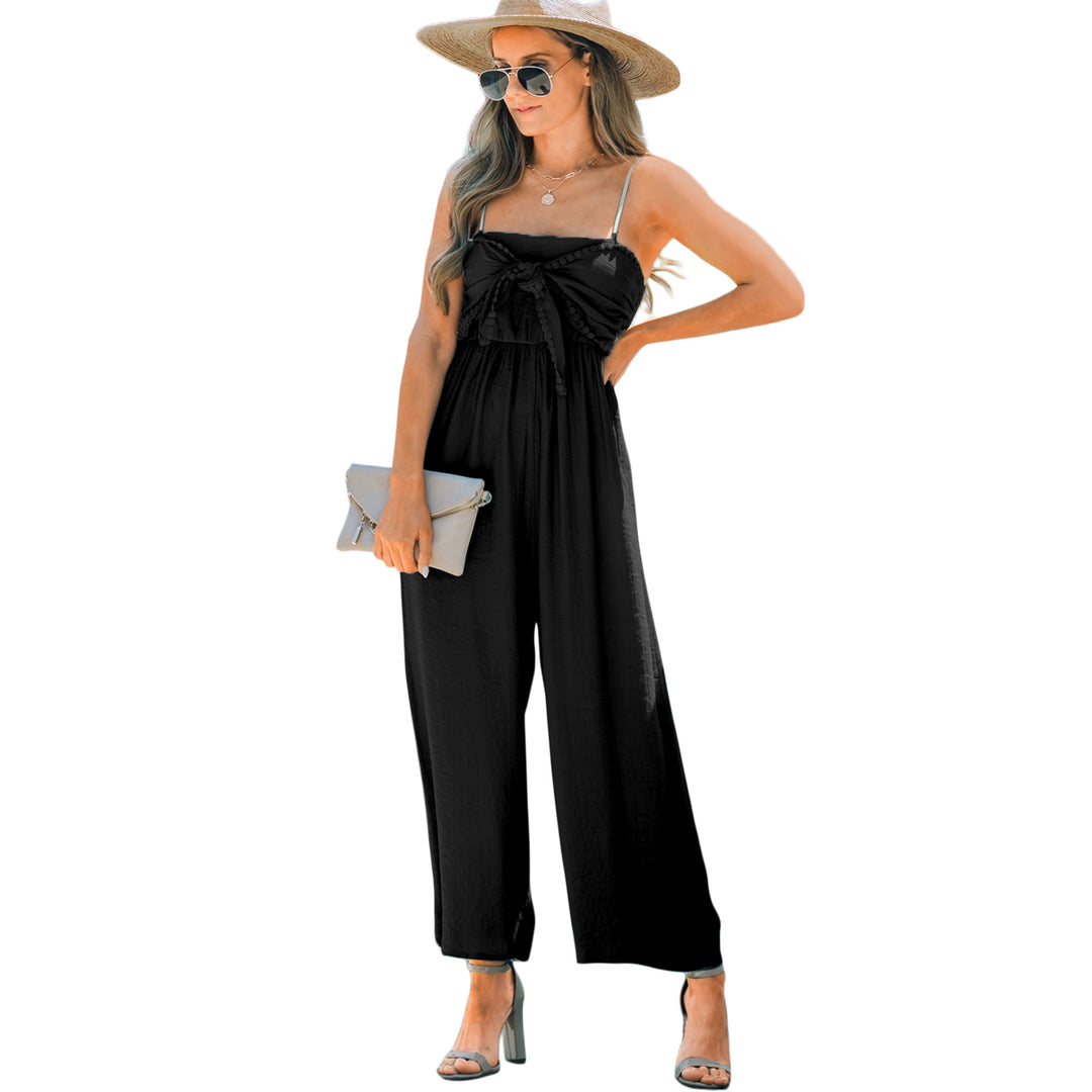Womens Black Front Knot Smocked Back Spaghetti Straps Jumpsuit Image 7