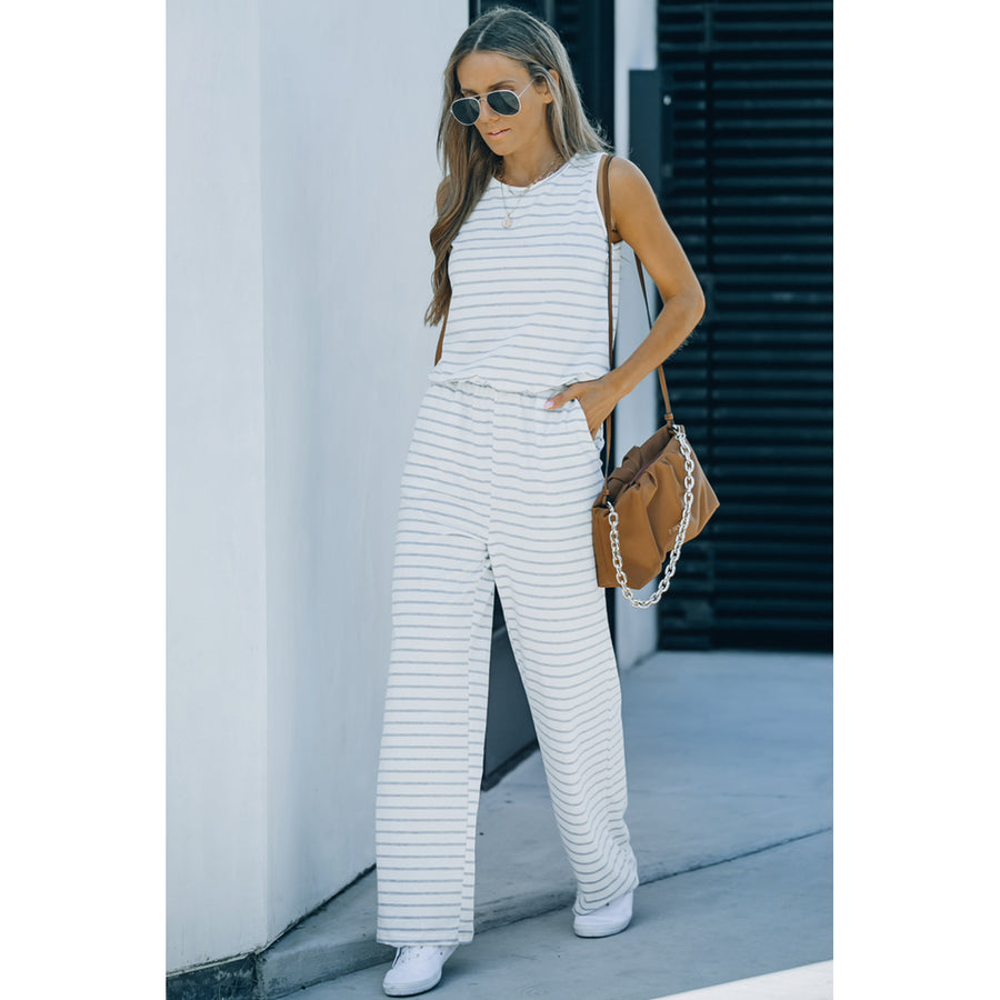 Womens White Striped Print Pocketed Sleeveless Jumpsuit Image 1