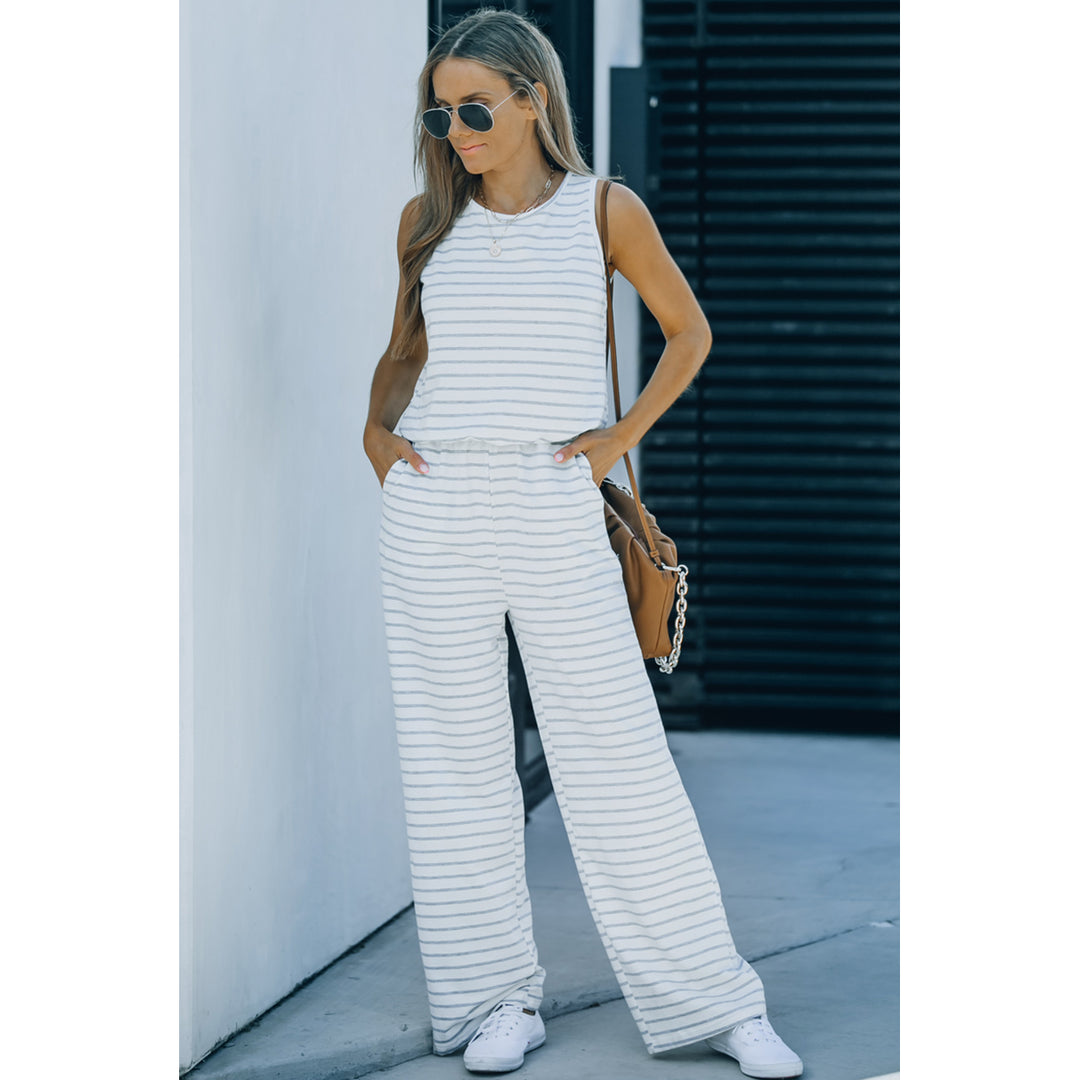 Womens White Striped Print Pocketed Sleeveless Jumpsuit Image 3