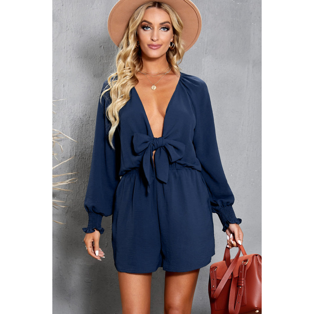 Womens Navy Tie Knot Puff Long Sleeve Romper Image 4