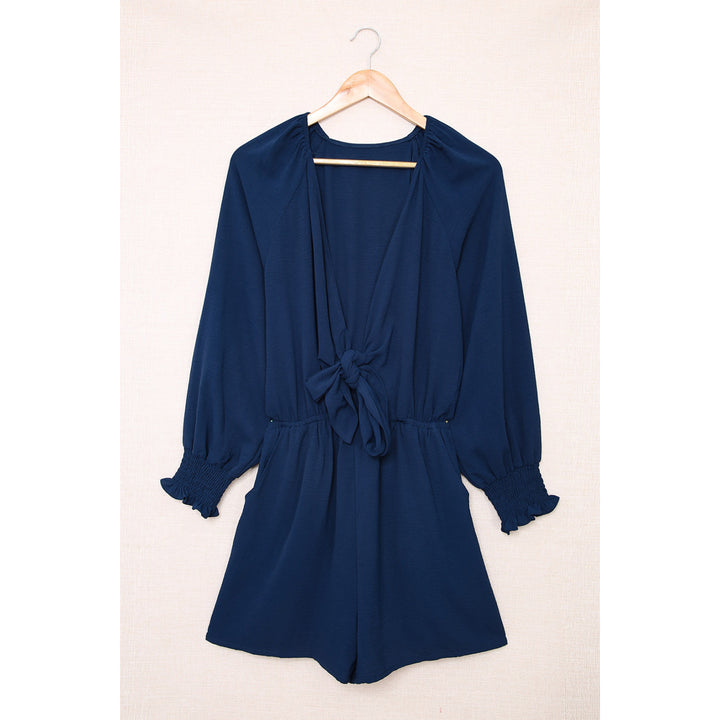 Womens Navy Tie Knot Puff Long Sleeve Romper Image 9