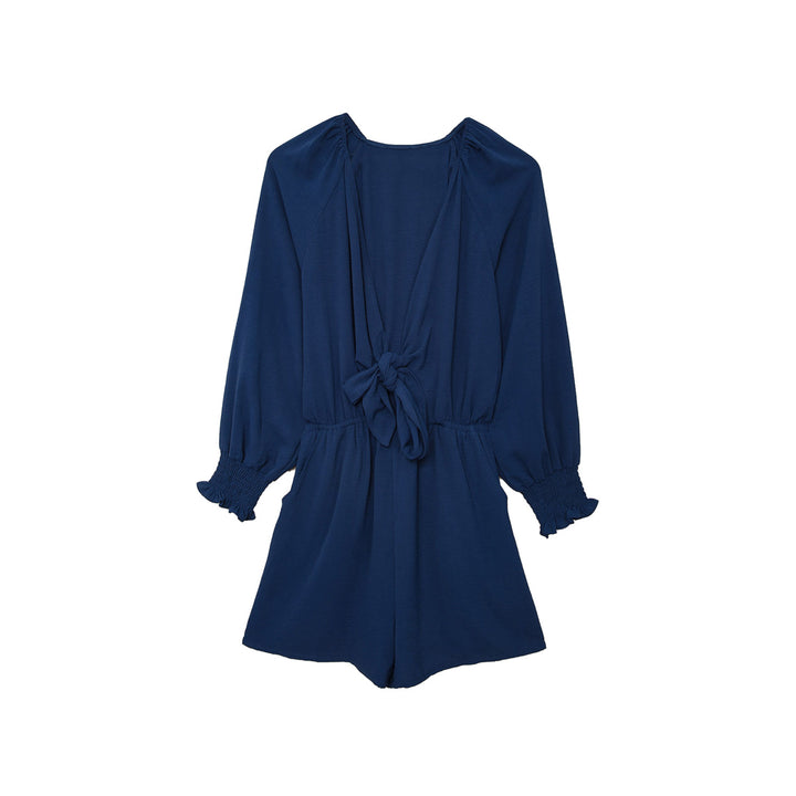 Womens Navy Tie Knot Puff Long Sleeve Romper Image 11