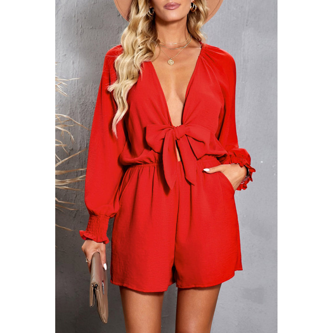 Womens Red Tie Knot Puff Long Sleeve Romper Image 1
