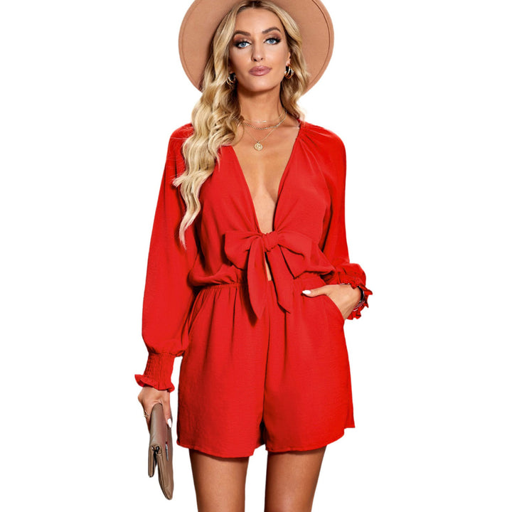 Womens Red Tie Knot Puff Long Sleeve Romper Image 2