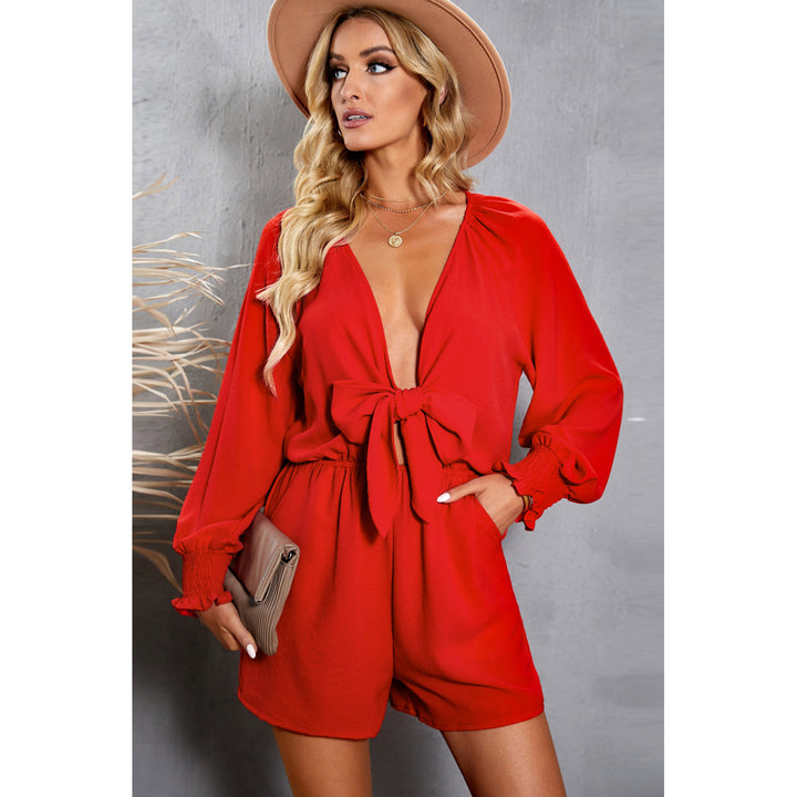 Womens Red Tie Knot Puff Long Sleeve Romper Image 3