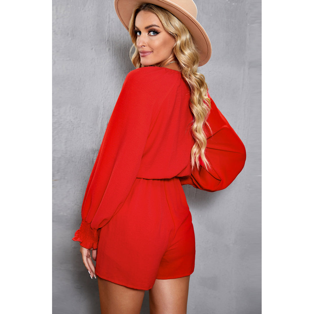 Womens Red Tie Knot Puff Long Sleeve Romper Image 4