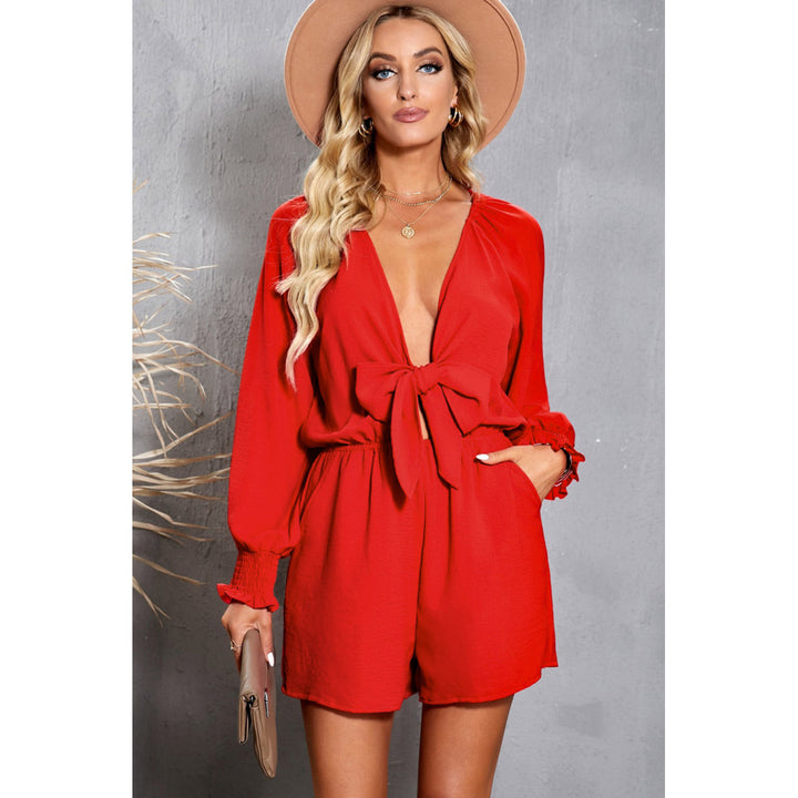Womens Red Tie Knot Puff Long Sleeve Romper Image 6