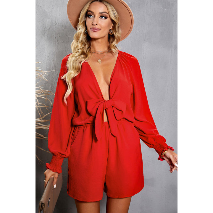 Womens Red Tie Knot Puff Long Sleeve Romper Image 7