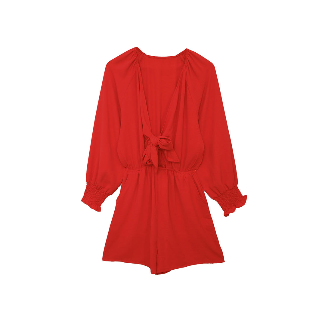 Womens Red Tie Knot Puff Long Sleeve Romper Image 10