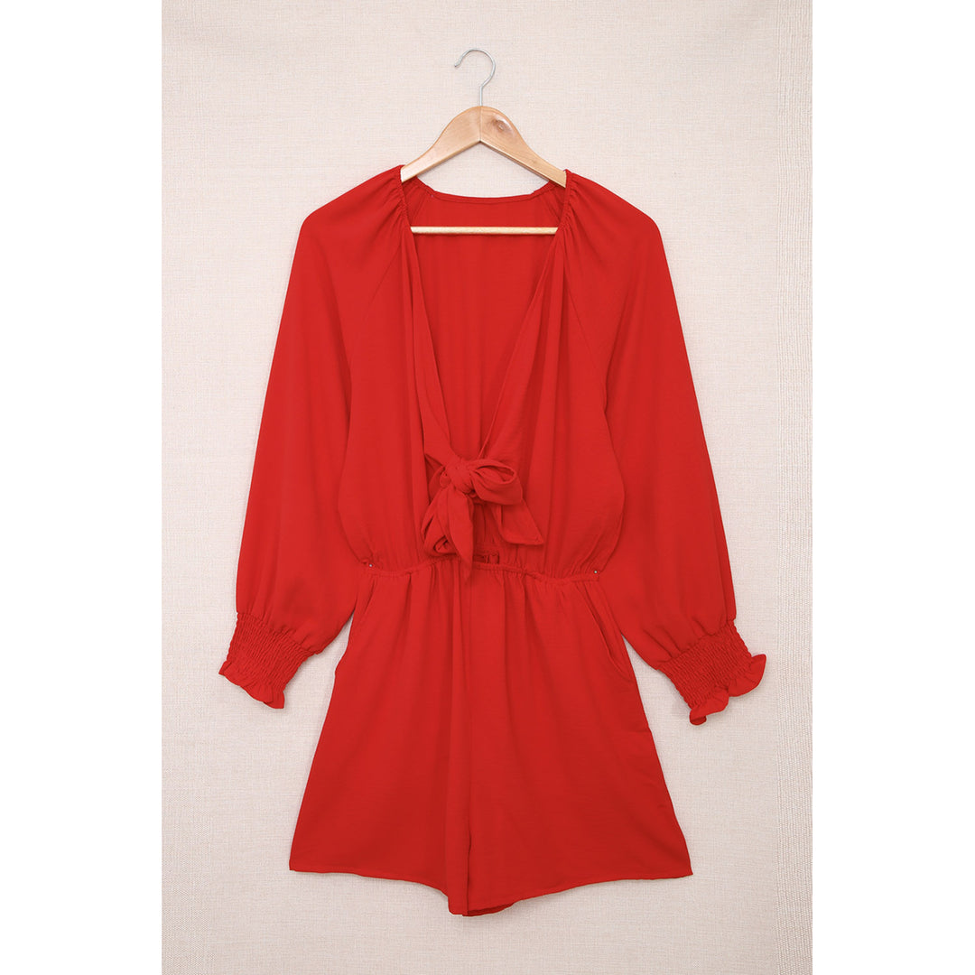 Womens Red Tie Knot Puff Long Sleeve Romper Image 11