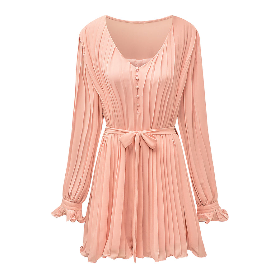 Womens Pink Pleated Ruffled Tie Waist Buttons V Neck Romper Image 1