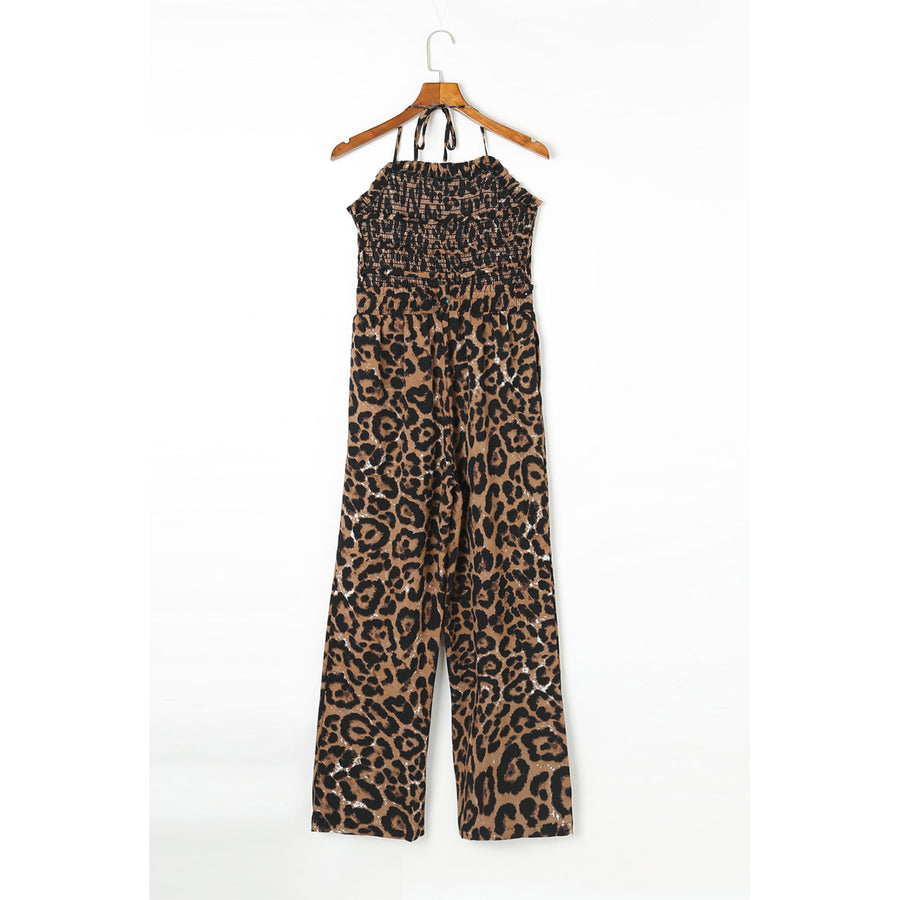 Womens Leopard Print Halter Neck Backless Wide Leg Jumpsuit Image 1