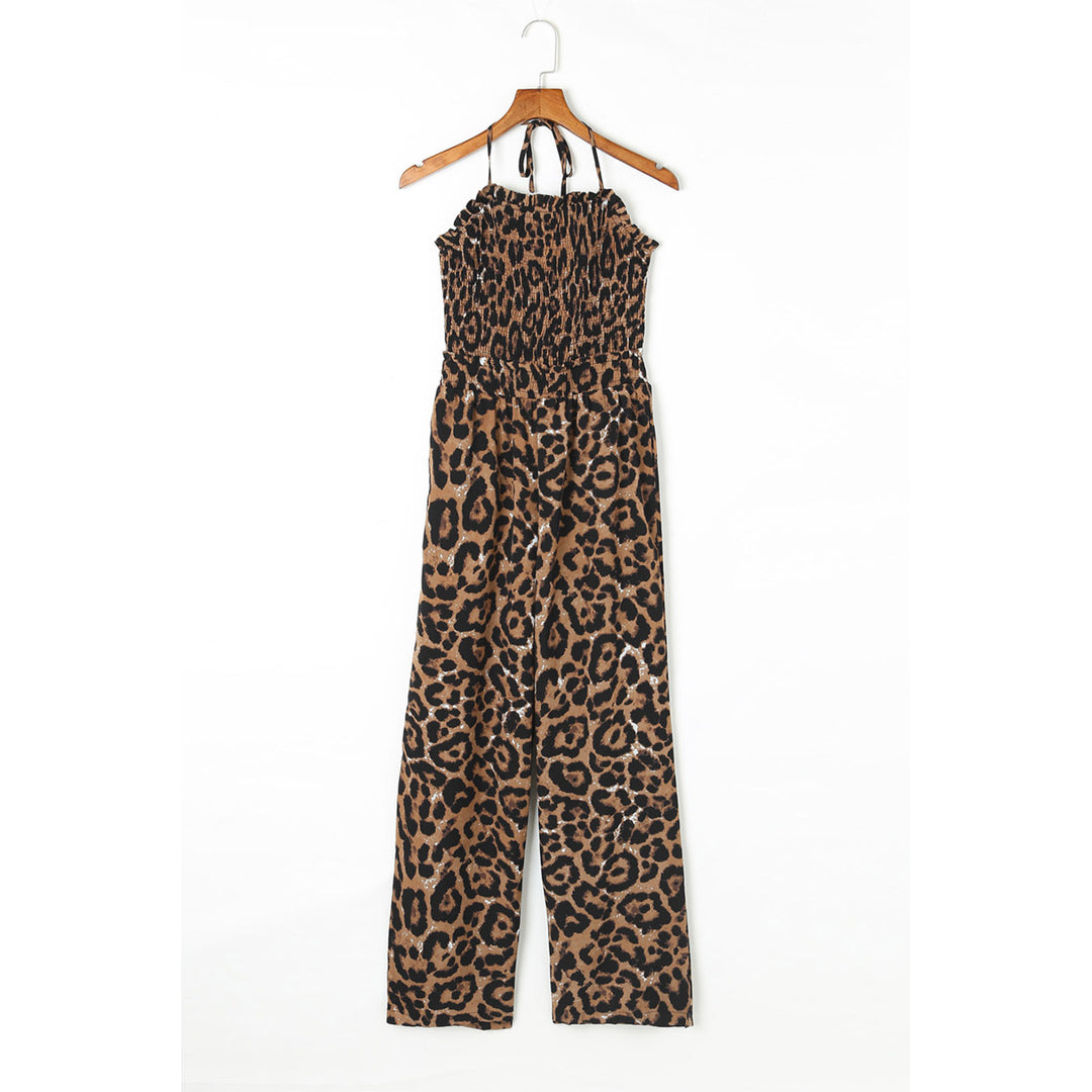 Womens Leopard Print Halter Neck Backless Wide Leg Jumpsuit Image 2