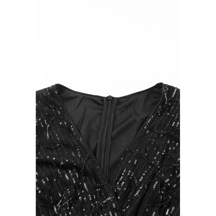 Womens Black Sequin Fringes V Neck Long Sleeve Jumpsuit Image 11