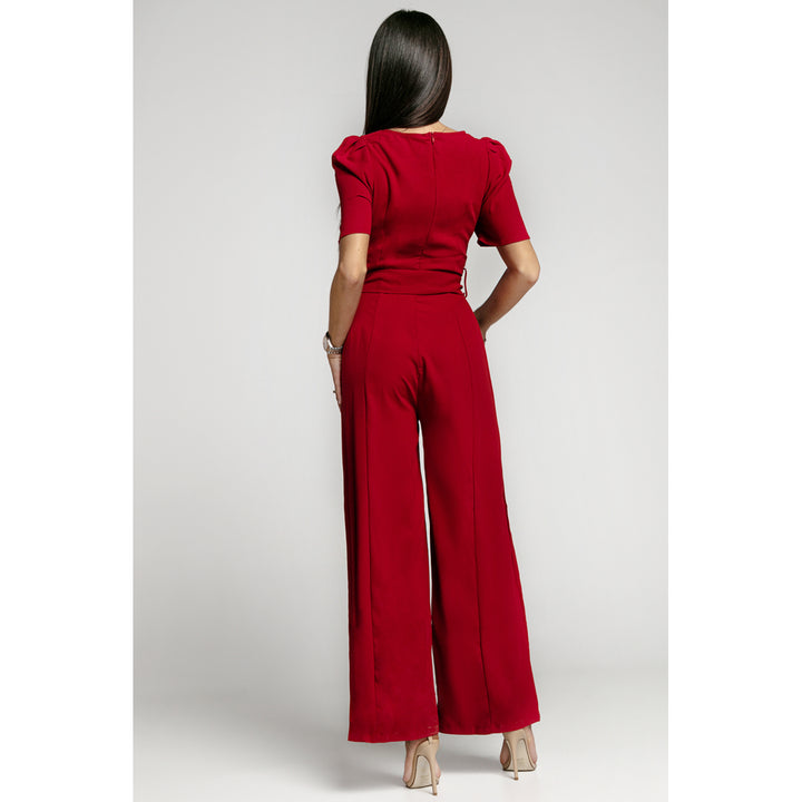Womens Burgundy Belted Square Neck Puff Sleeve Jumpsuit Image 2