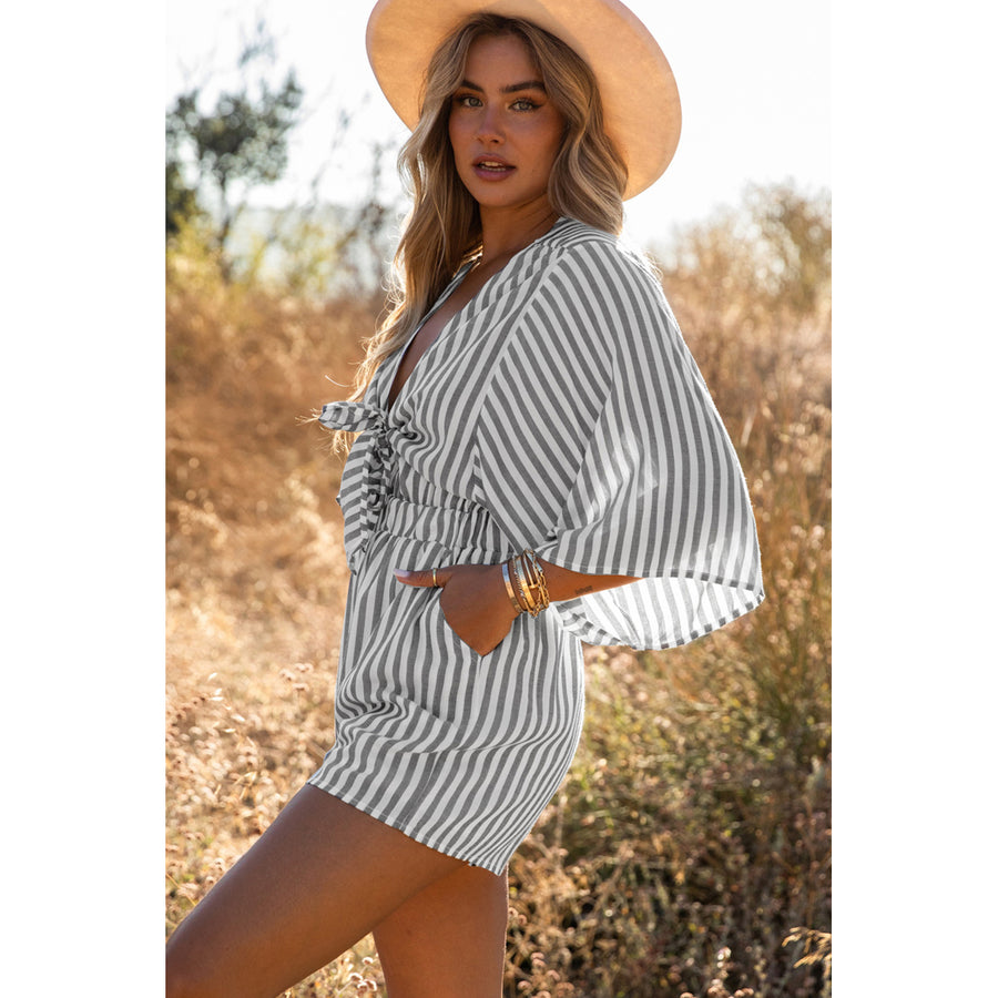 Womens Gray 3/4 Wide Kimono Sleeves Tie Front Striped Romper with Pockets Image 1