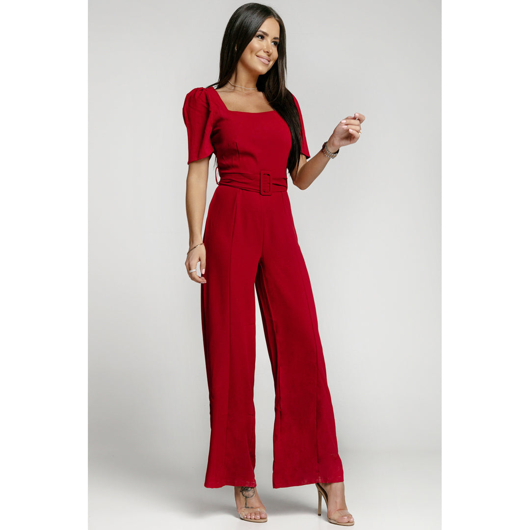 Womens Burgundy Belted Square Neck Puff Sleeve Jumpsuit Image 3