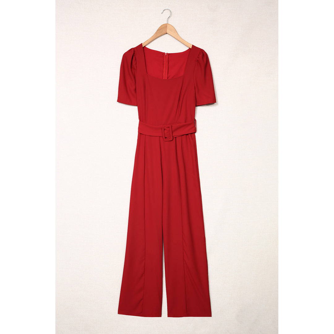 Womens Burgundy Belted Square Neck Puff Sleeve Jumpsuit Image 6