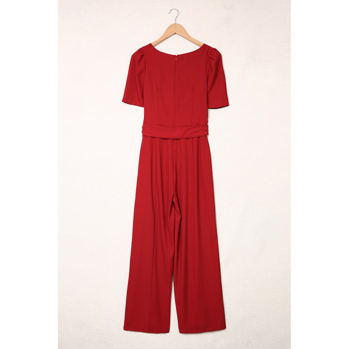 Womens Burgundy Belted Square Neck Puff Sleeve Jumpsuit Image 7