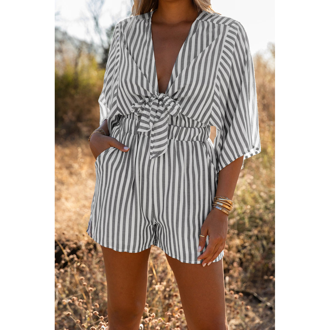 Womens Gray 3/4 Wide Kimono Sleeves Tie Front Striped Romper with Pockets Image 3