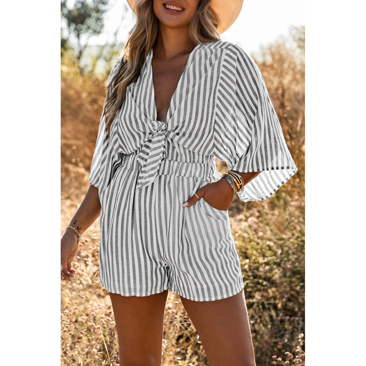 Womens Gray 3/4 Wide Kimono Sleeves Tie Front Striped Romper with Pockets Image 4