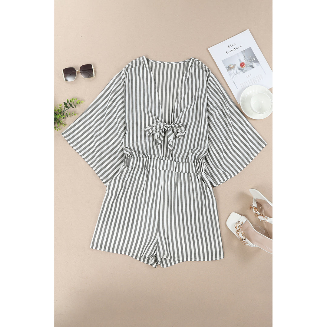 Womens Gray 3/4 Wide Kimono Sleeves Tie Front Striped Romper with Pockets Image 6