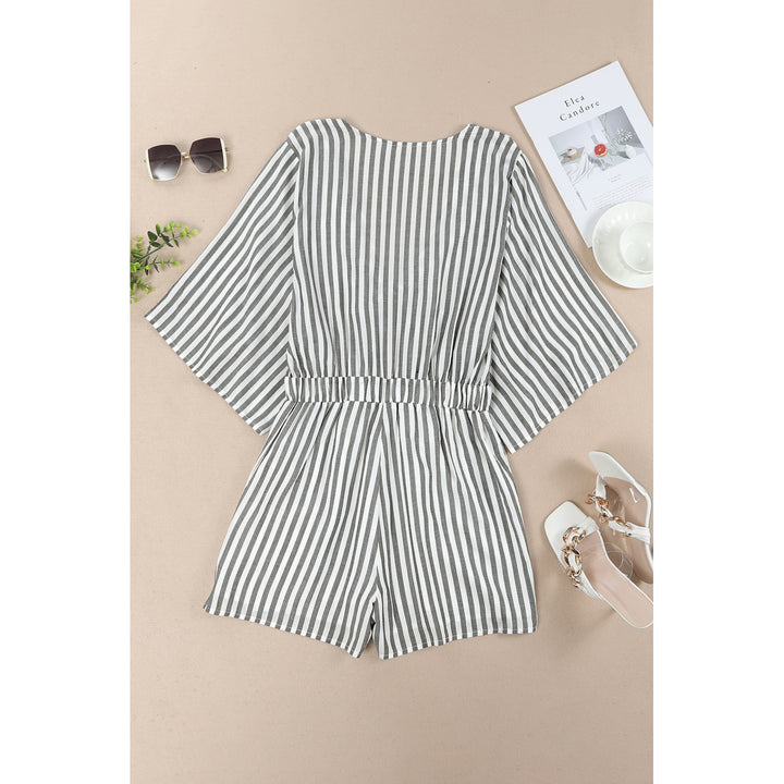 Womens Gray 3/4 Wide Kimono Sleeves Tie Front Striped Romper with Pockets Image 7