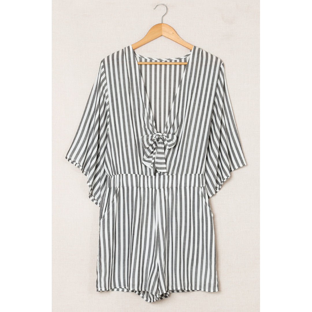 Womens Gray 3/4 Wide Kimono Sleeves Tie Front Striped Romper with Pockets Image 8