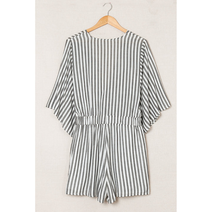 Womens Gray 3/4 Wide Kimono Sleeves Tie Front Striped Romper with Pockets Image 9