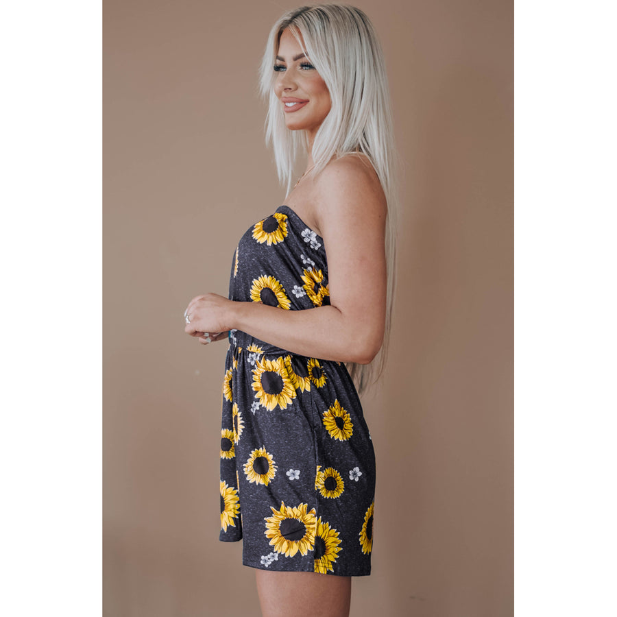 Womens Yellow Floral Print Bandeau Romper with Pockets Image 1