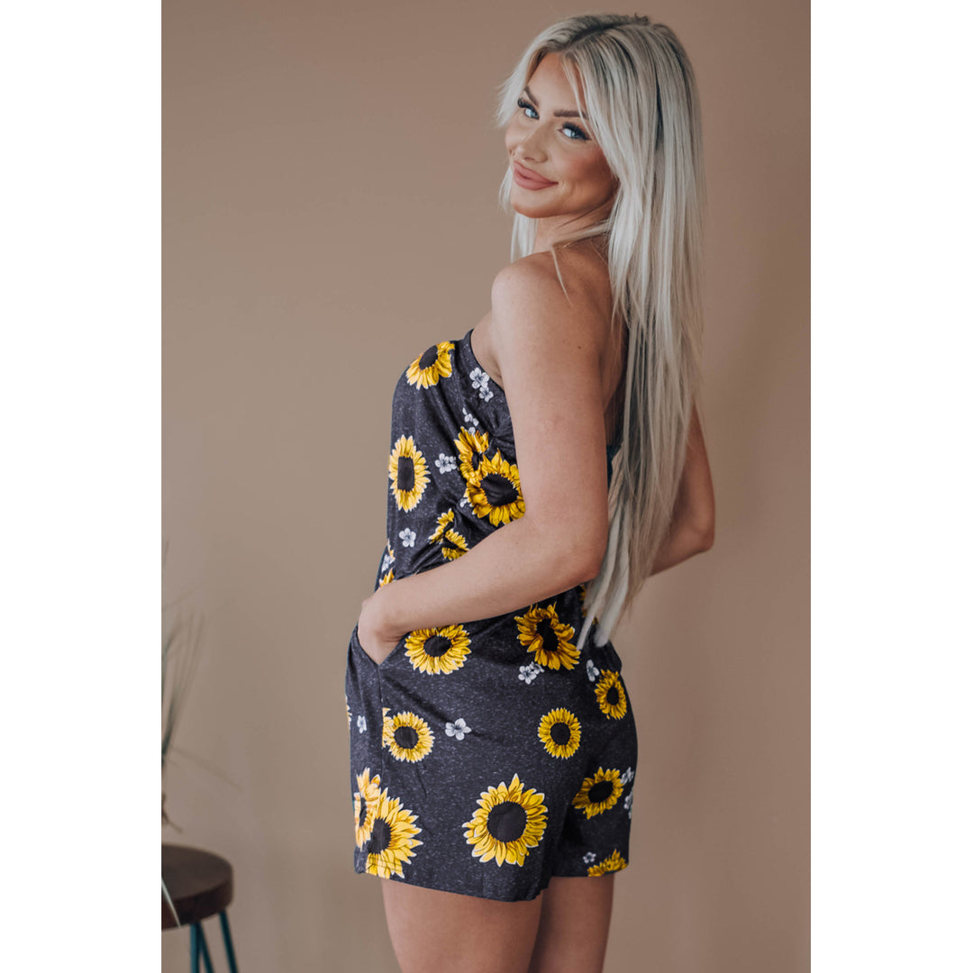 Womens Yellow Floral Print Bandeau Romper with Pockets Image 4