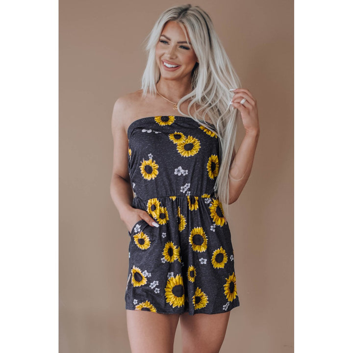 Womens Yellow Floral Print Bandeau Romper with Pockets Image 8