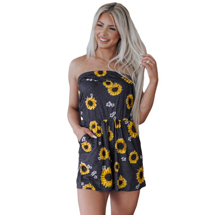 Womens Yellow Floral Print Bandeau Romper with Pockets Image 9