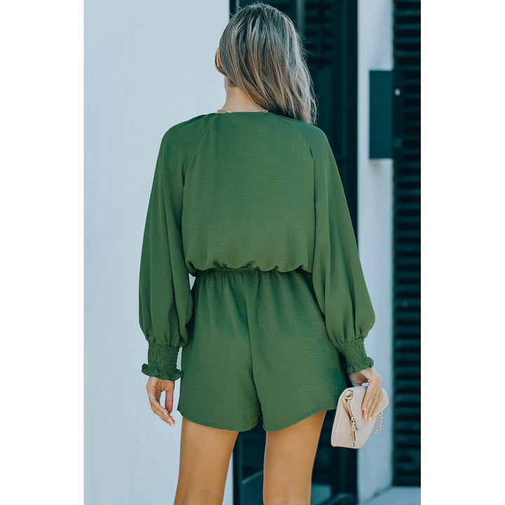 Womens Green Tie Knot Puff Long Sleeve Romper Image 1
