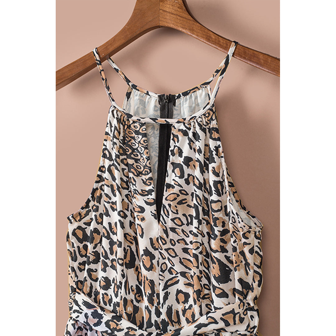 Womens Brown Keyhole Front Leopard Sleeveless Cropped Jumpsuit Image 10